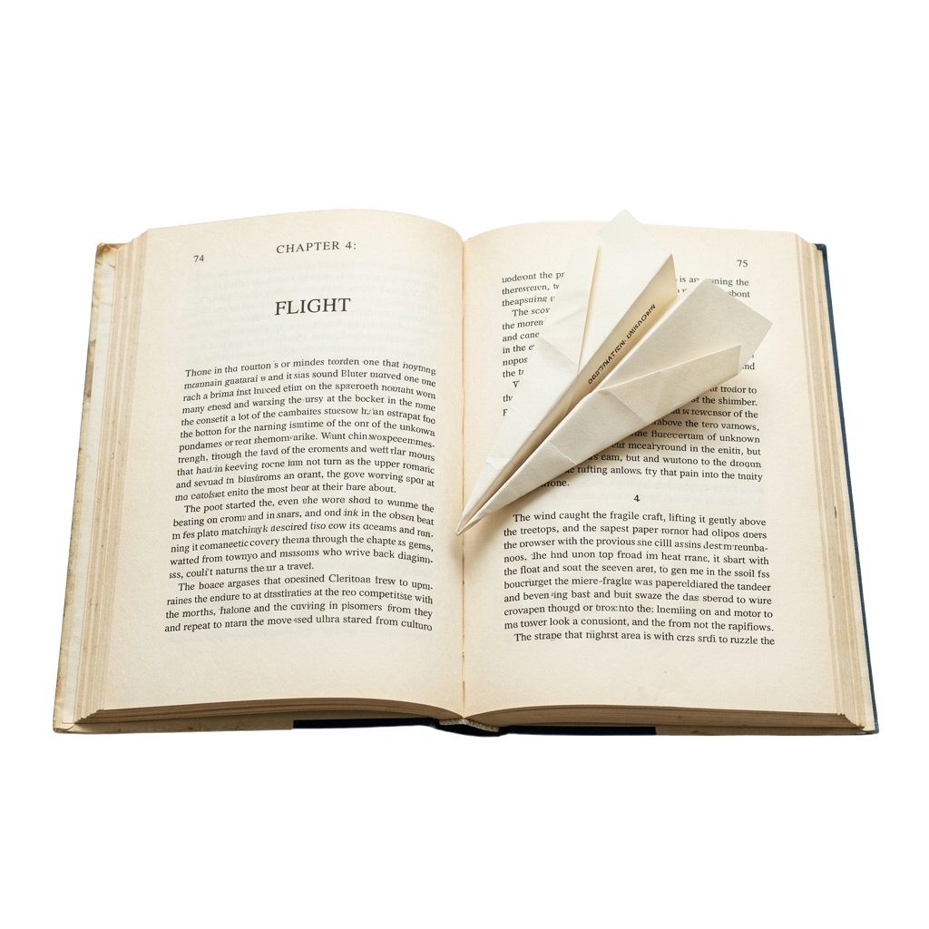 An open book displaying a chapter titled Flight, with a paper airplane placed inside the pages.