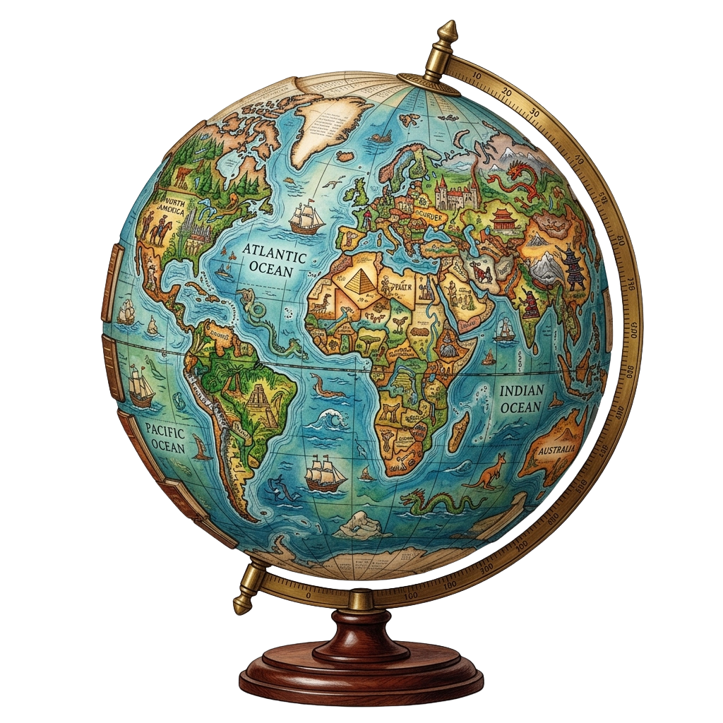 A vintage-style globe with colorful illustrations of continents, oceans, ships, and landmarks.