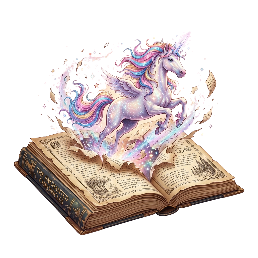 Illustration of a glowing unicorn-pegasus rising from an open ancient book with magical sparkles