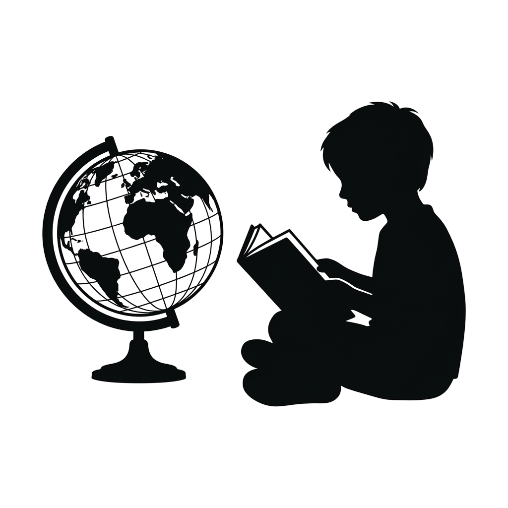 A person silhouette holding a glowing globe with visible continents and lines.