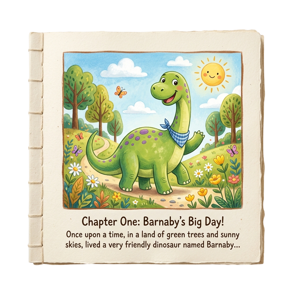 A cheerful green dinosaur with a blue bandana stands smiling in a bright, flower-filled landscape under a sunny sky.