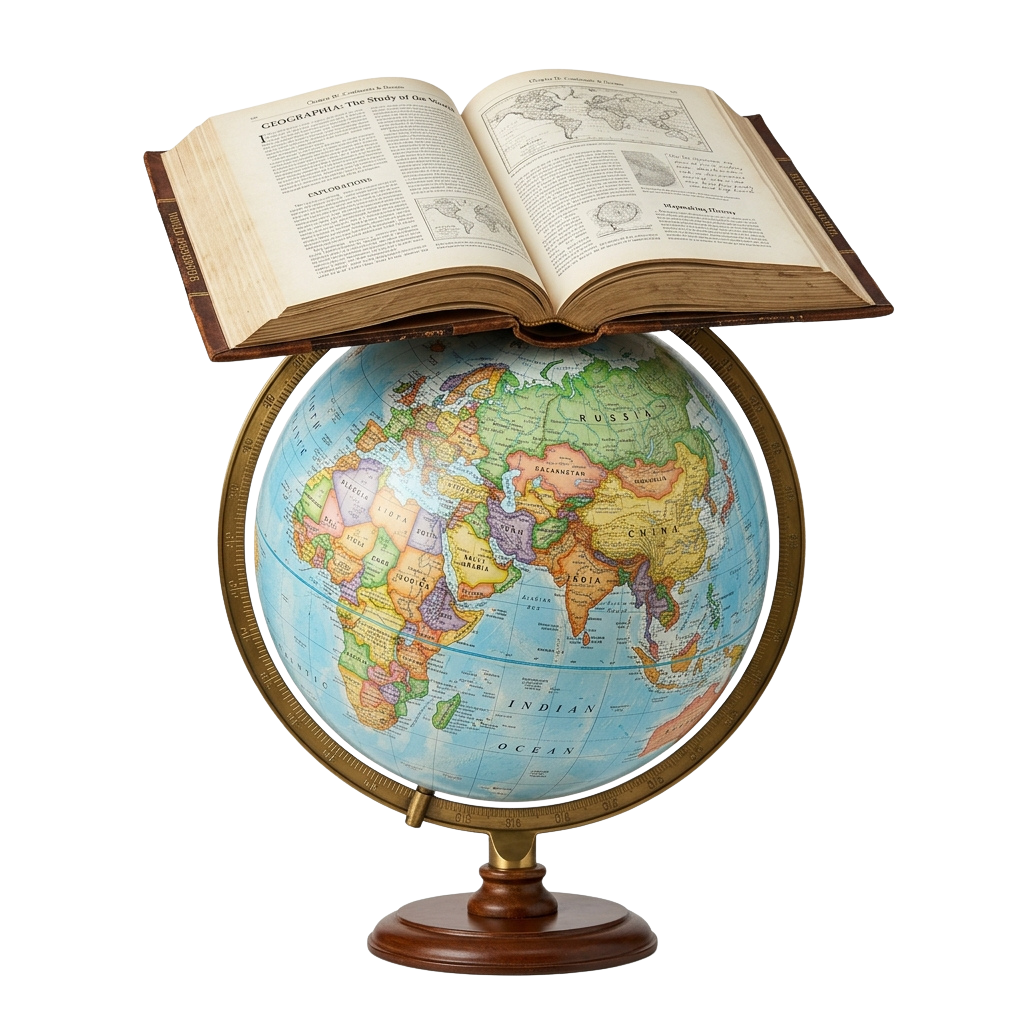 An antique globe with an open geography book resting on top, illustrating learning and exploration.