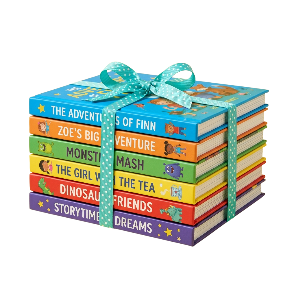 Stack of colorful children's books tied with a blue ribbon, featuring various vibrant book covers