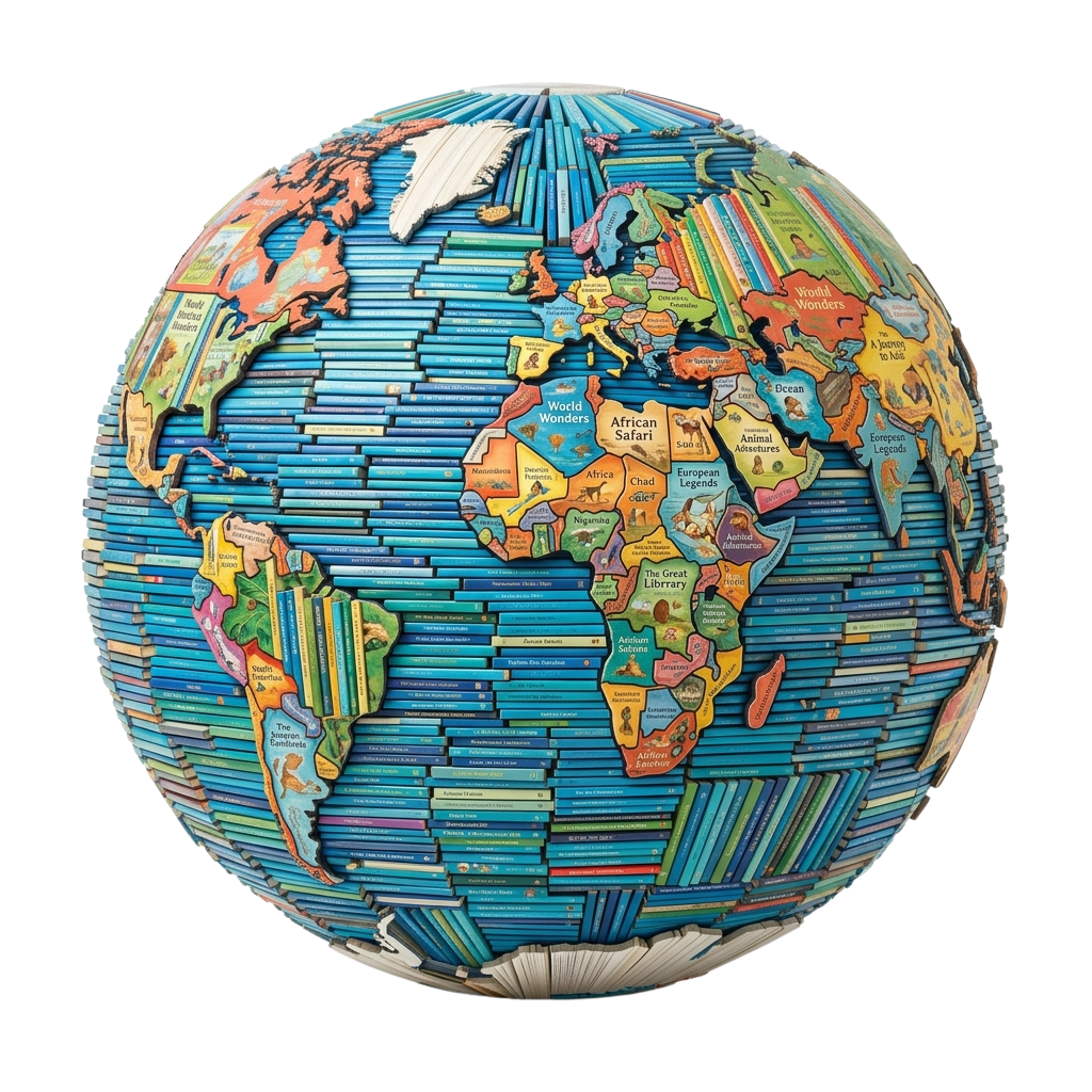 A globe crafted from colored pencils displaying continents and famous landmarks or regions