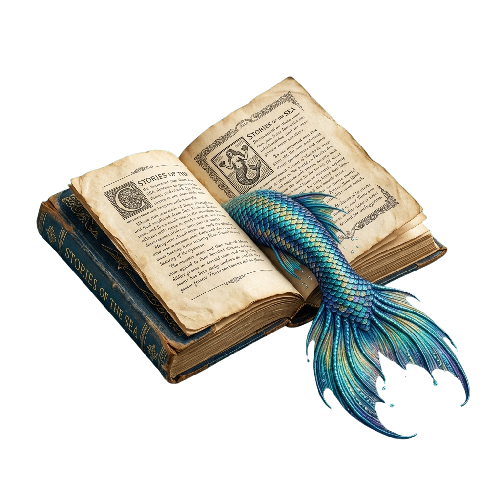An open vintage book titled Stories of the Sea with a decorative mermaid tail bookmark.