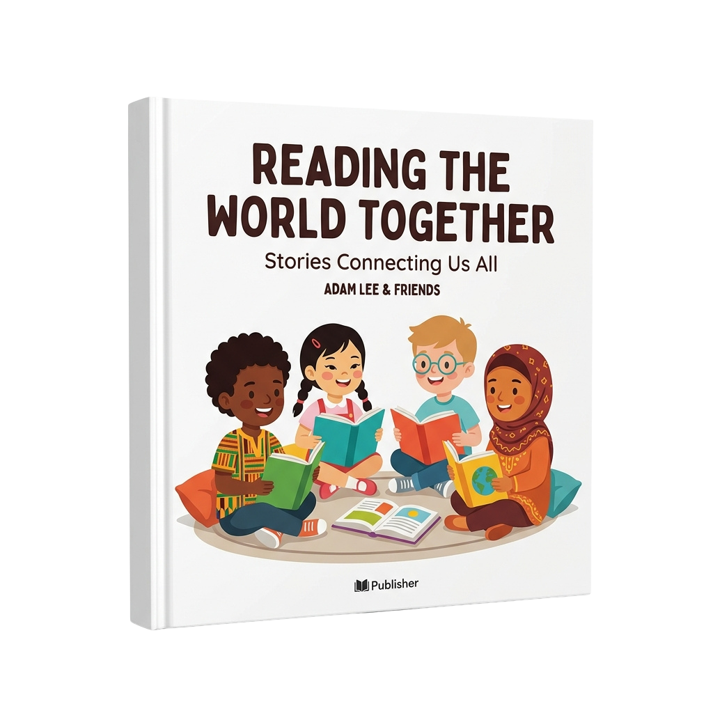 Four diverse children happily reading books together in a circle