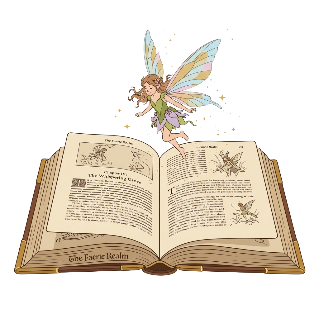 A fairy with colorful wings floats above an open book titled The Faerie Realm, Chapter III: The Whispering Grove