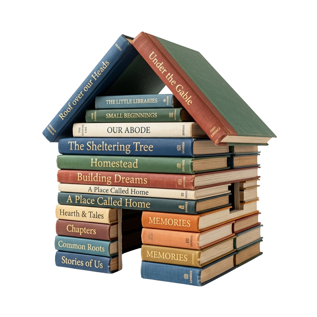 Books arranged in a house shape with titles like Under the Gable and Homestead