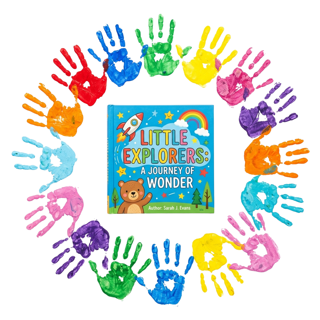 Colorful handprints arranged in a circle around a children's book titled Little Explorers: A Journey of Wonder