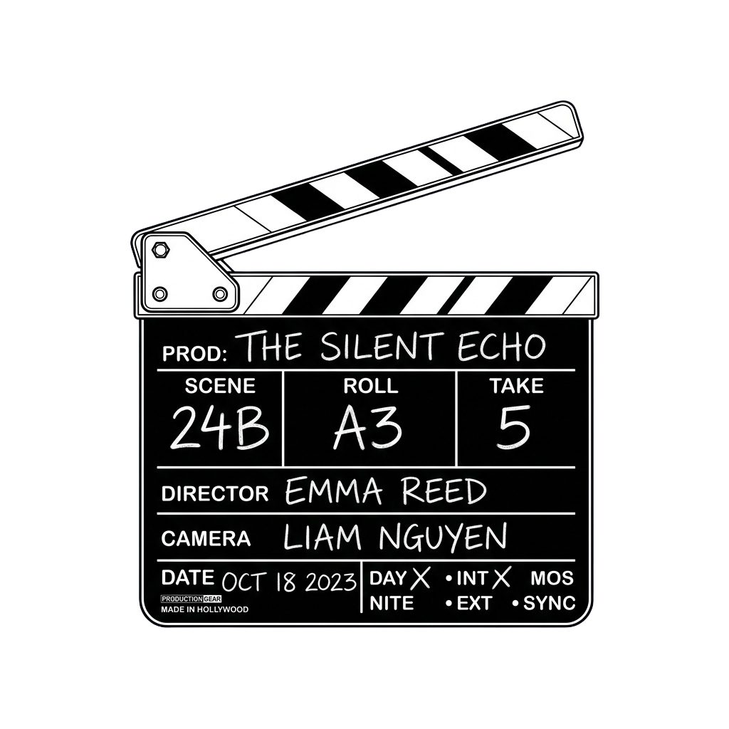 Black and white clapperboard displaying production details for a film titled The Silent Echo
