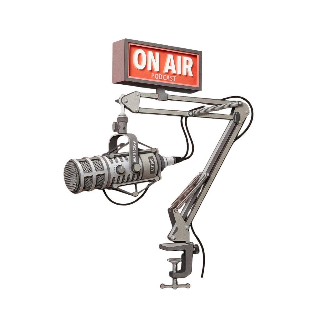 A microphone on a boom arm with an on air podcast sign above it against a black background