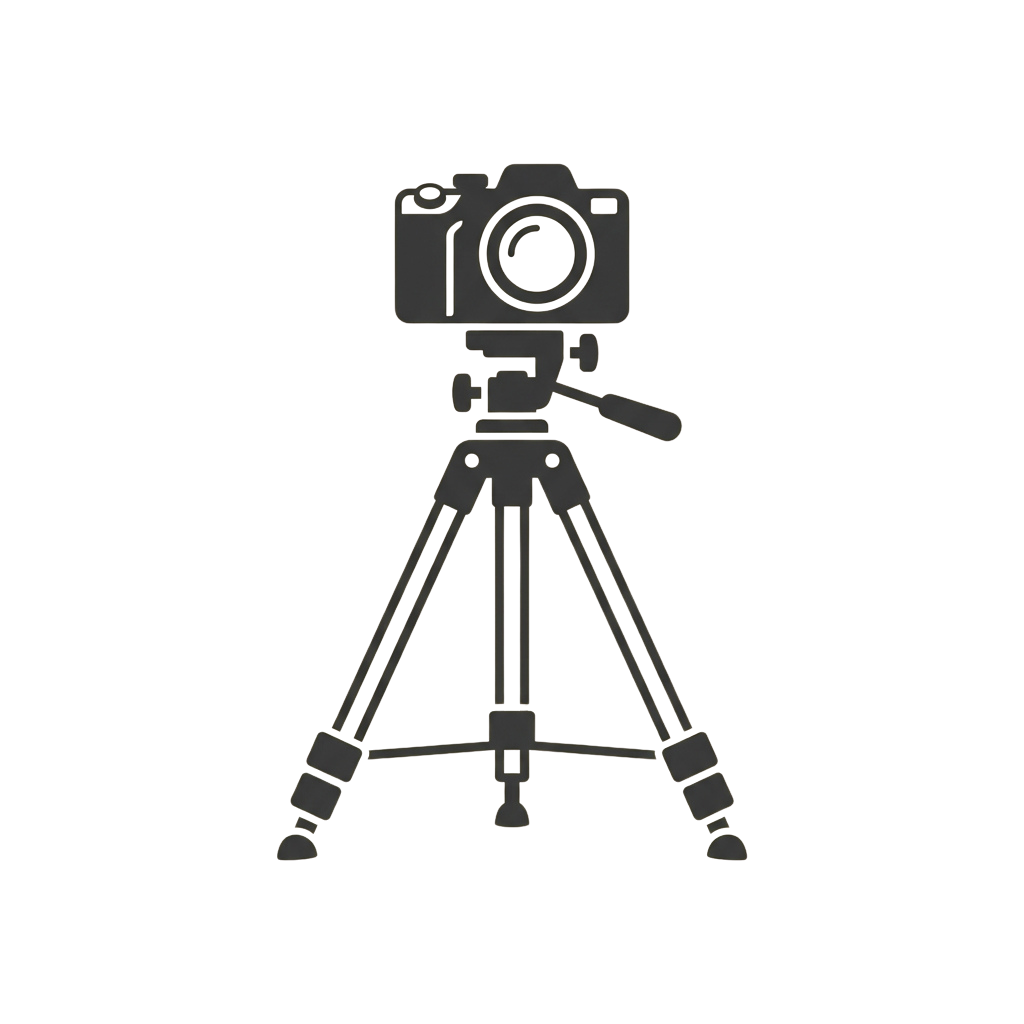 A DSLR camera mounted on a black tripod against a dark background