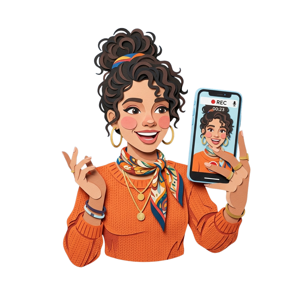 Illustration of a smiling person with curly hair taking a selfie while recording on their smartphone