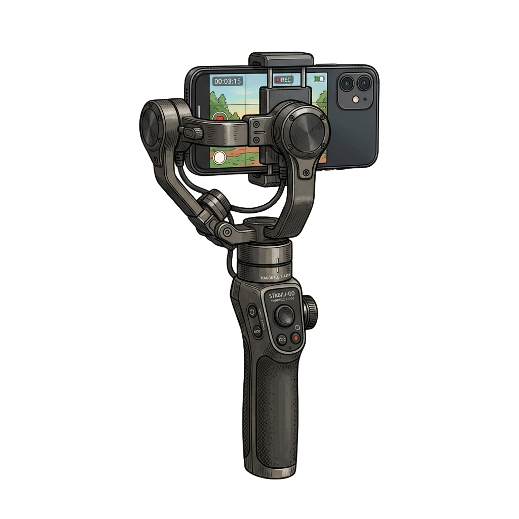 A smartphone mounted on a handheld gimbal stabilizer capturing video with a timer display on screen