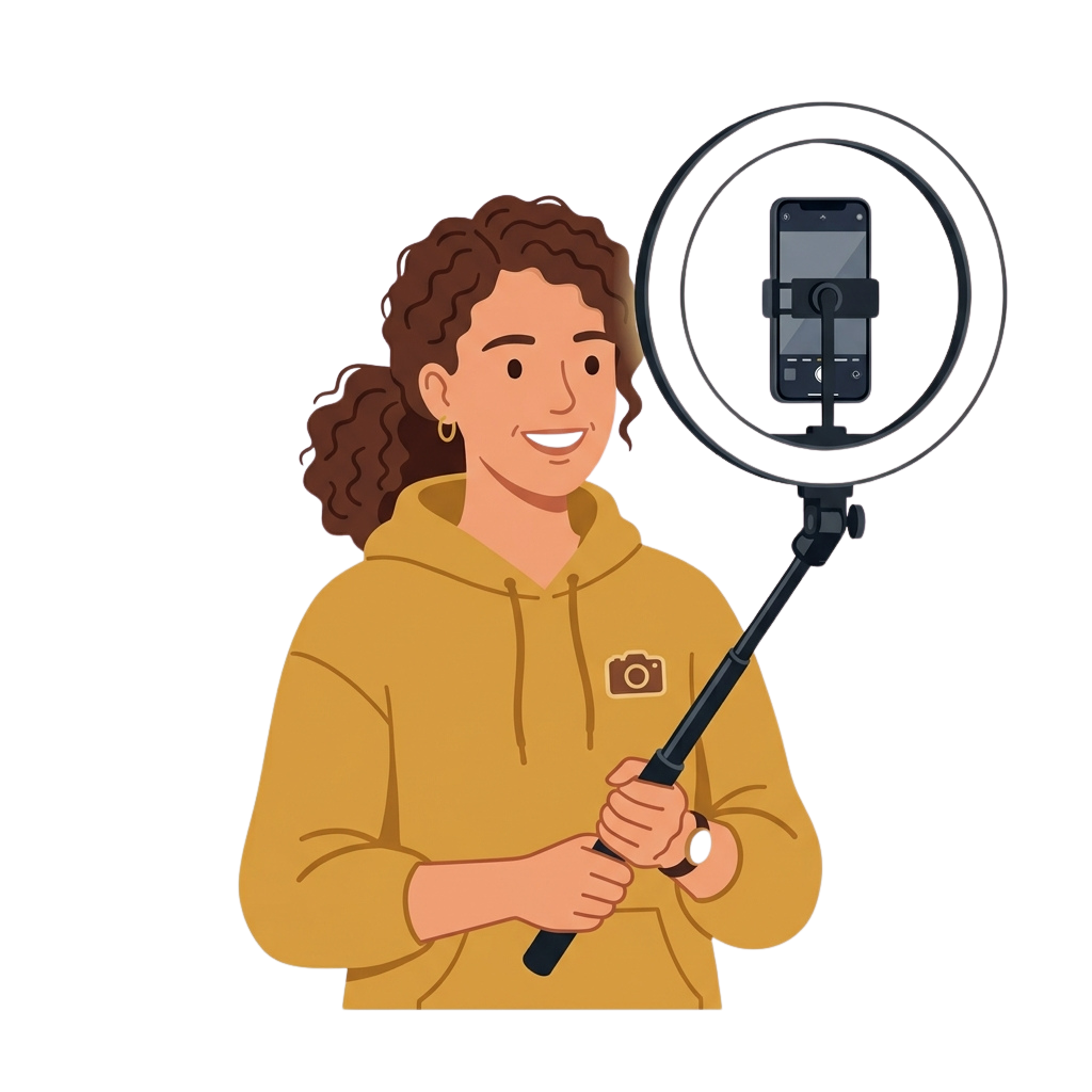 Illustration of a person holding a selfie stick with a ring light and smartphone attached