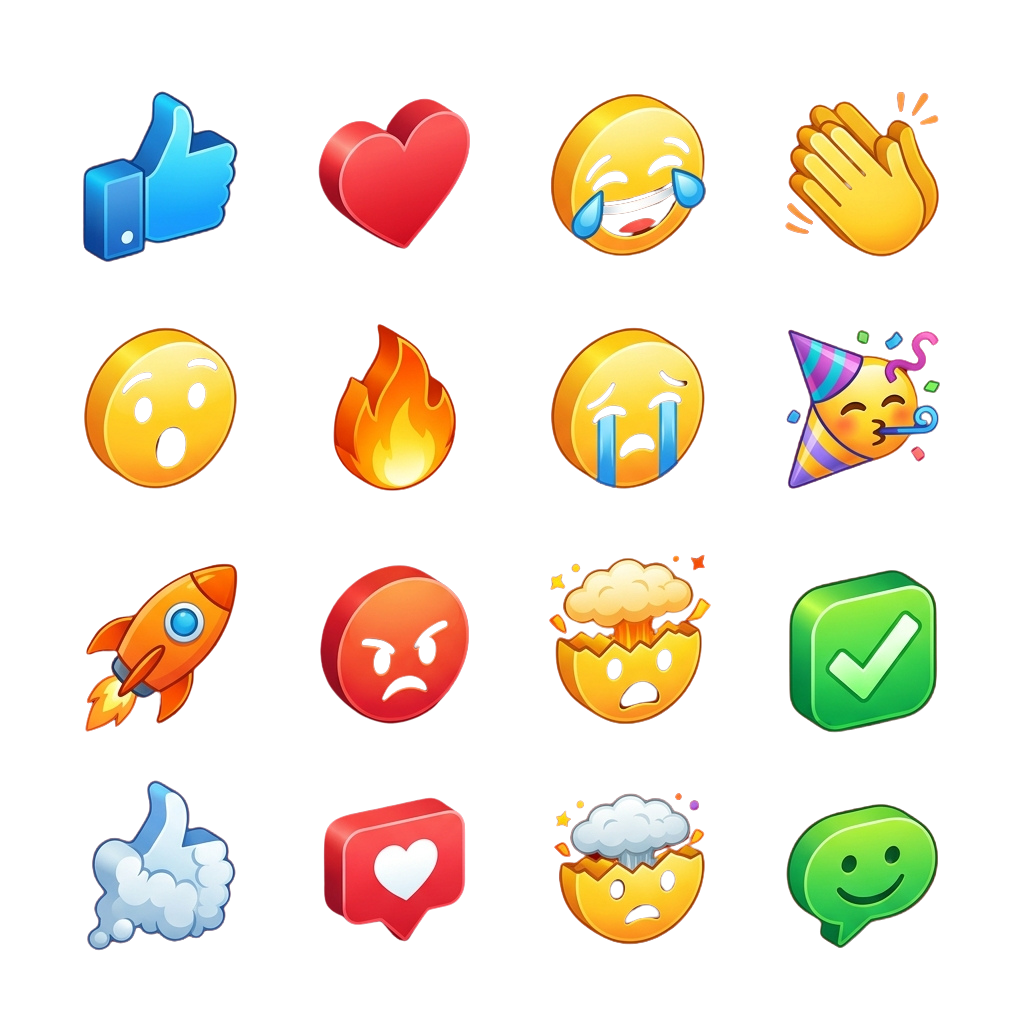 Grid of 16 colorful emoji icons showing various reactions and symbols like thumbs-up, crying, fire, and party hat