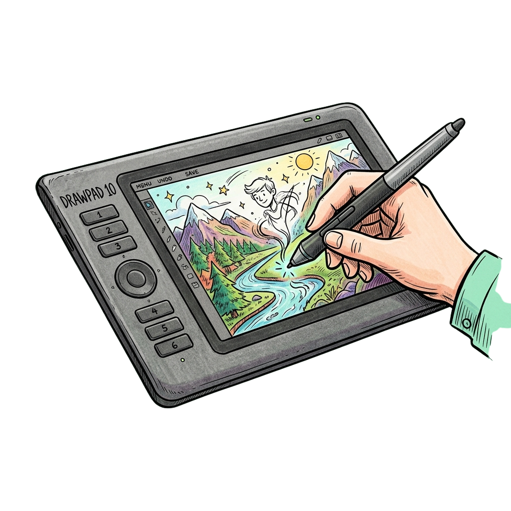 Hand using a stylus to draw on a digital drawing tablet displaying a colorful fantasy landscape scene with mountains and a character.