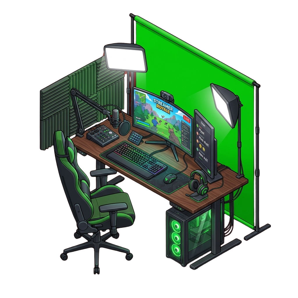 Illustration of a gaming streaming workspace with dual monitors, RGB lighting, gaming chair, and streaming equipment