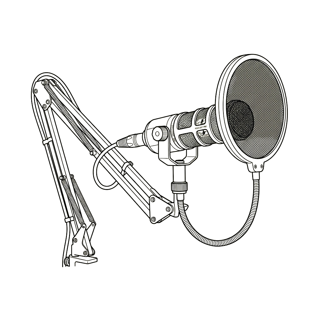 A microphone boom arm with attached pop filter and shock mount on a black background