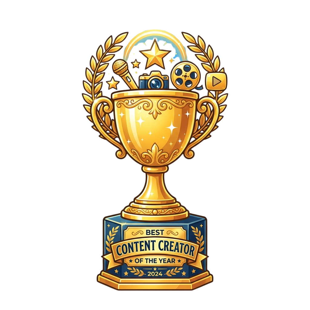Award trophy for best content creator of the year 2024 with a camera, microphone, film reel, and play button on top.