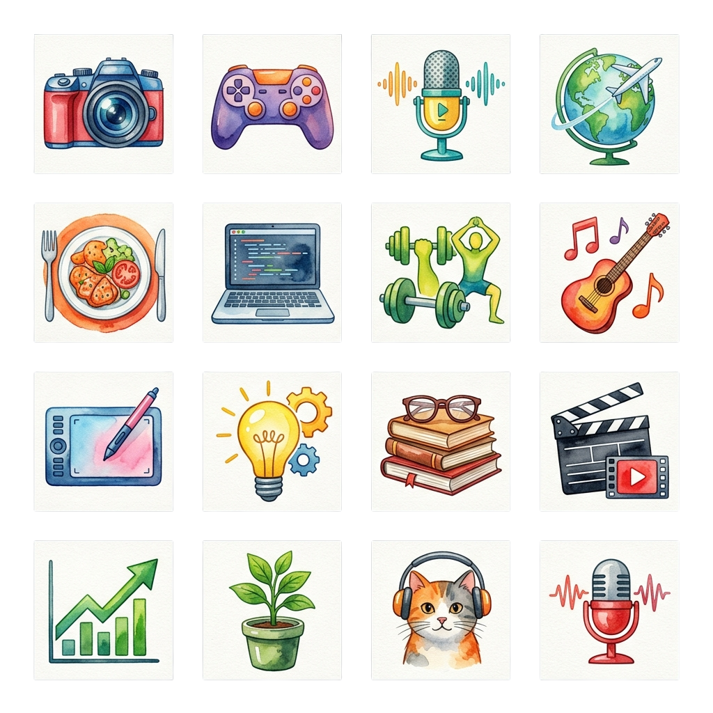 Collection of sixteen illustrated icons depicting various hobbies and activities like photography, gaming, podcasting, travel, cooking, fitness, music, coding, and more