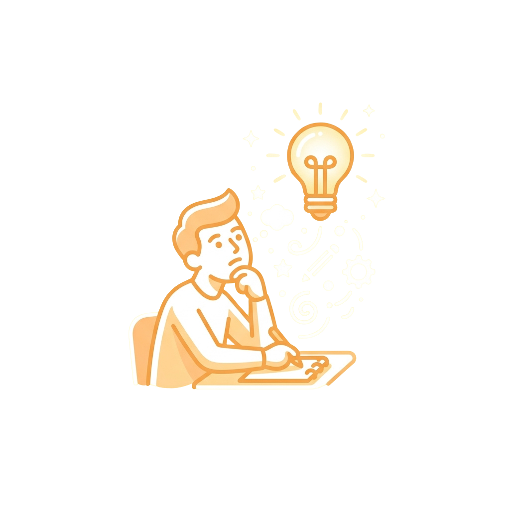 A person sitting and thinking with a lightbulb icon above their head symbolizing an idea.