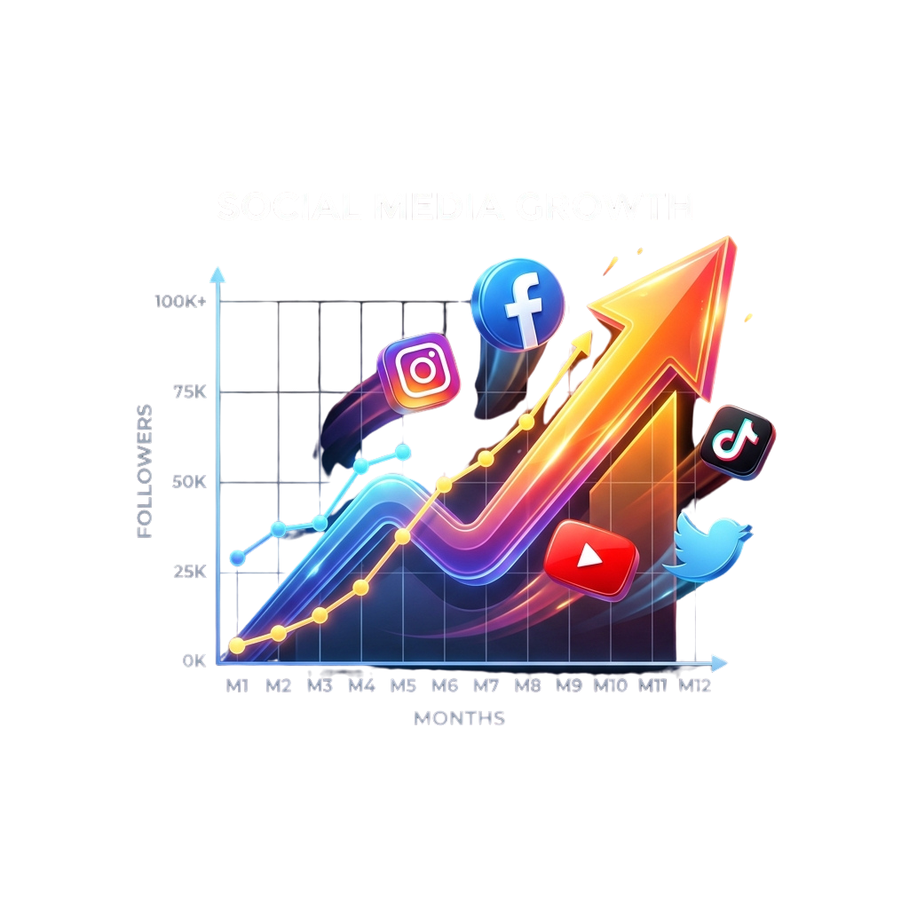 Graph showing social media follower growth across four platforms over 12 months with upward trending arrows