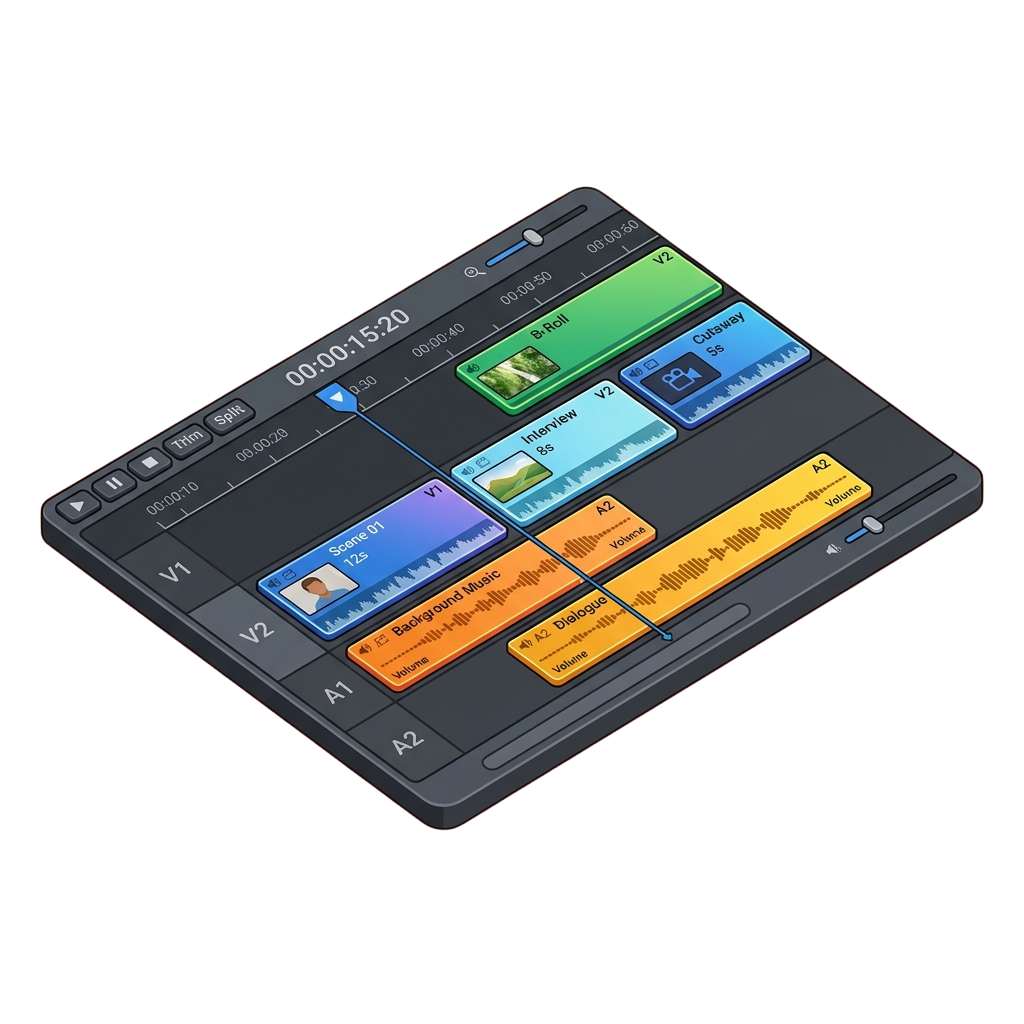 Digital editing software interface displaying video and audio tracks with timeline markers and clips.