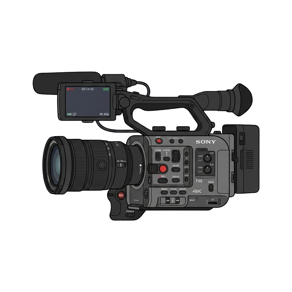 Professional digital cinema camera with attached large zoom lens and electronic viewfinder displaying recording time and settings