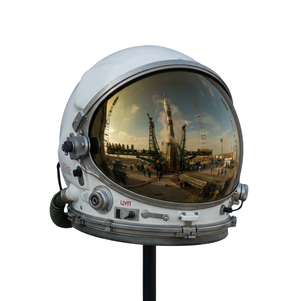 Space helmet showing a reflection of a rocket launchpad with people and equipment