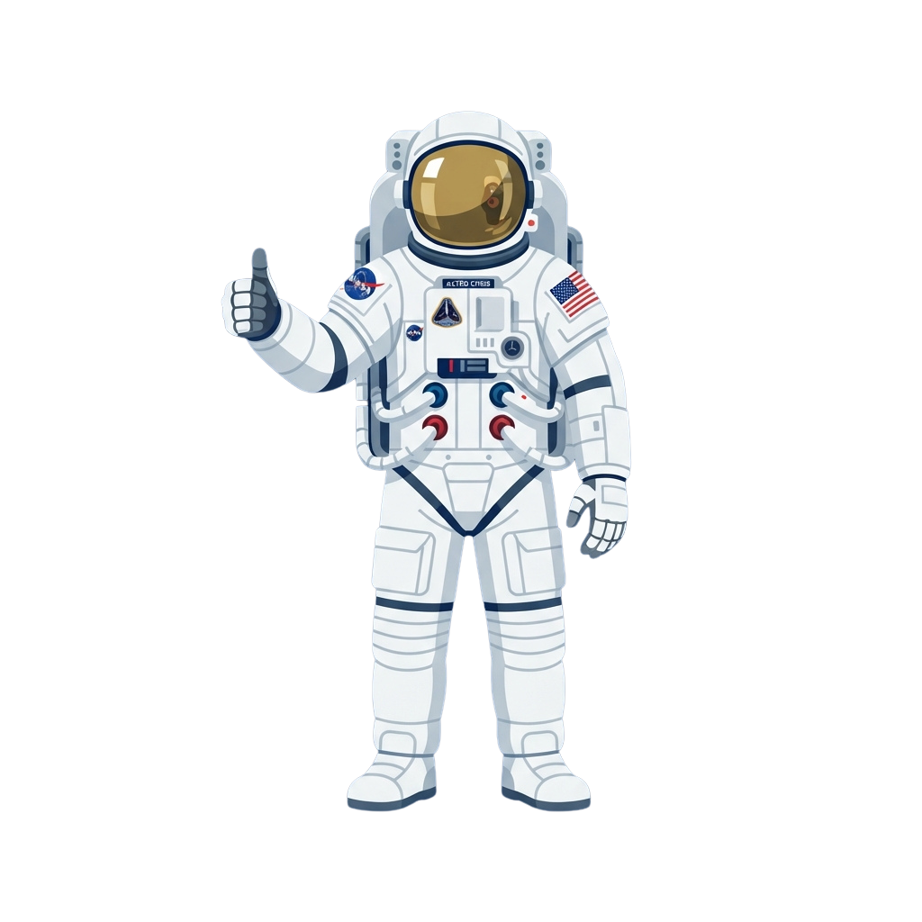 Illustration of an astronaut in a white space suit giving a thumbs-up against a black background