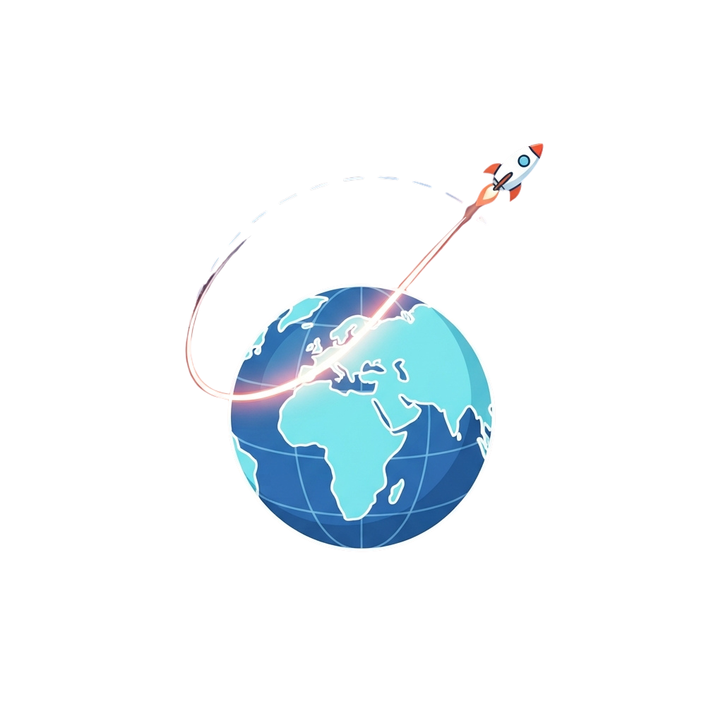 A rocket launching into orbit around a globe with a curved trajectory path.