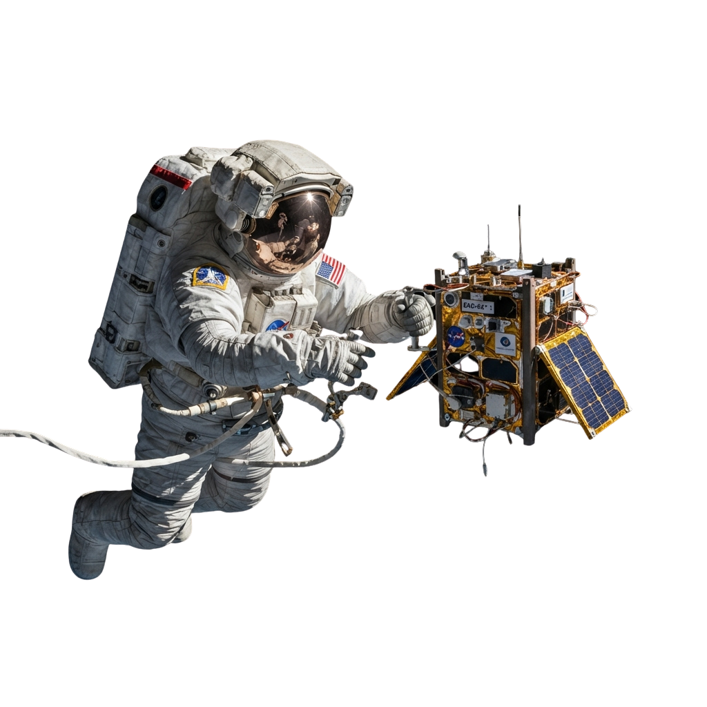 An astronaut in a white spacesuit holding a small satellite device in outer space