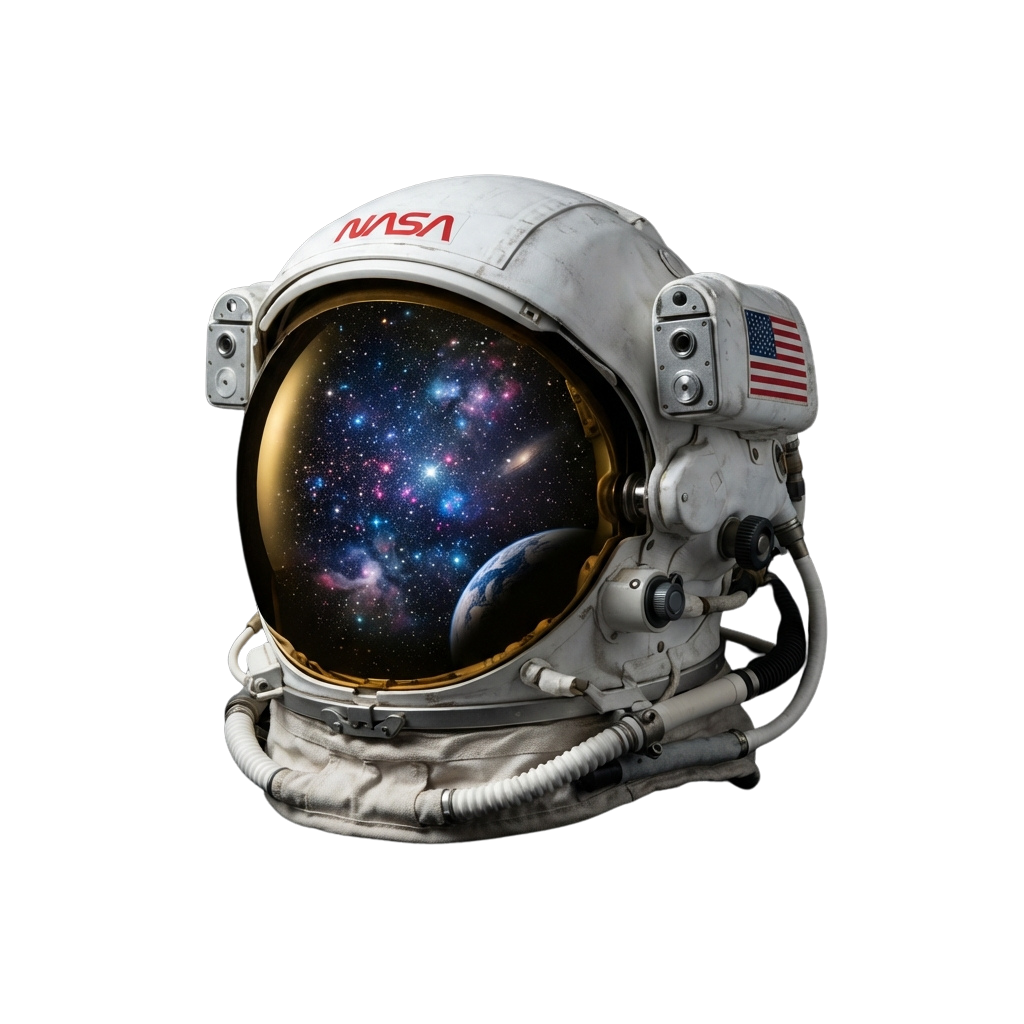 A NASA astronaut helmet with a transparent visor displaying space, stars, and Earth