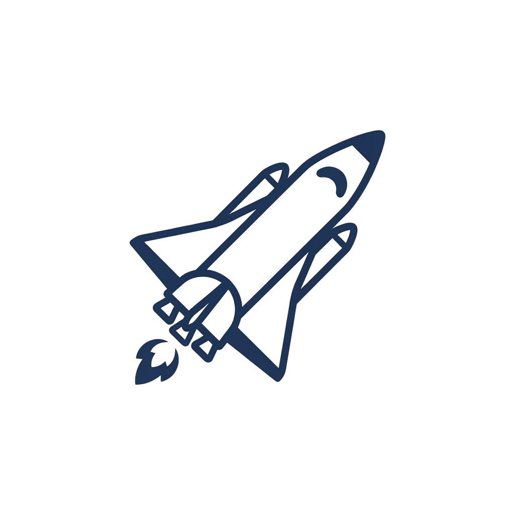 Blue line drawing of a space shuttle ascending with visible flames at the base