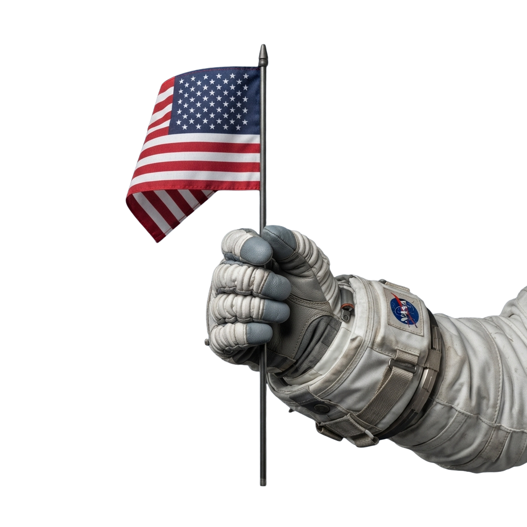 An astronaut in a white space suit holding an American flag on a pole