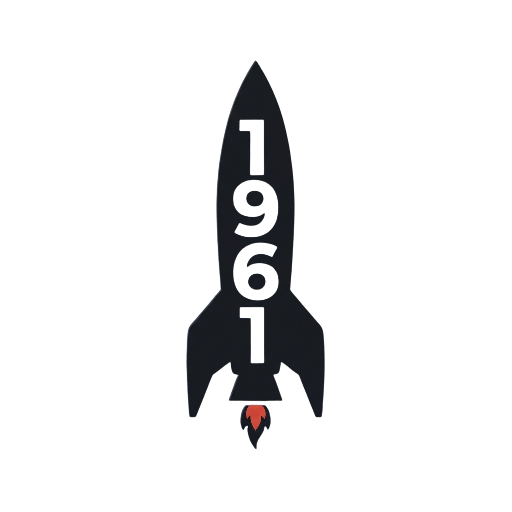 A stylized black rocket ship with a glowing red flame at the base and the year 1961 displayed vertically on its side