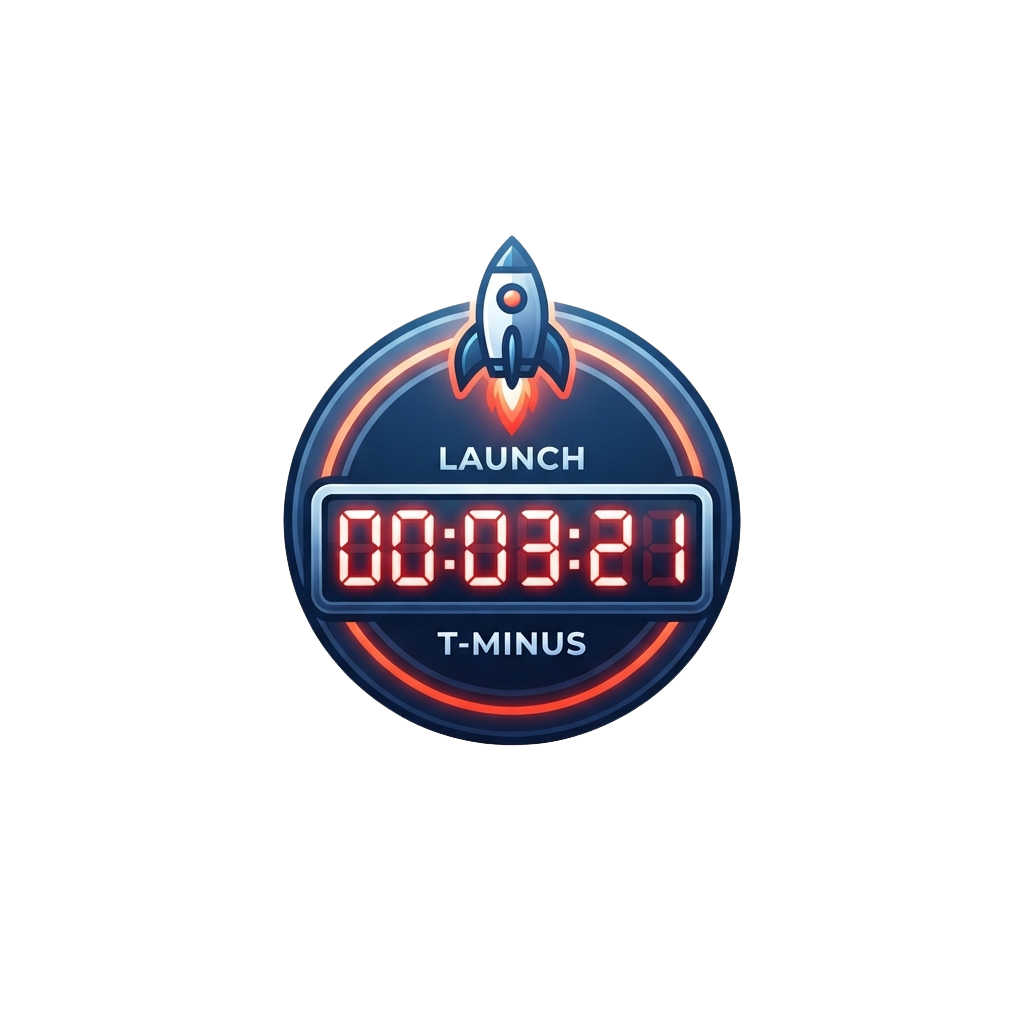 Countdown timer showing 00:03:21 with a rocket icon and launch text