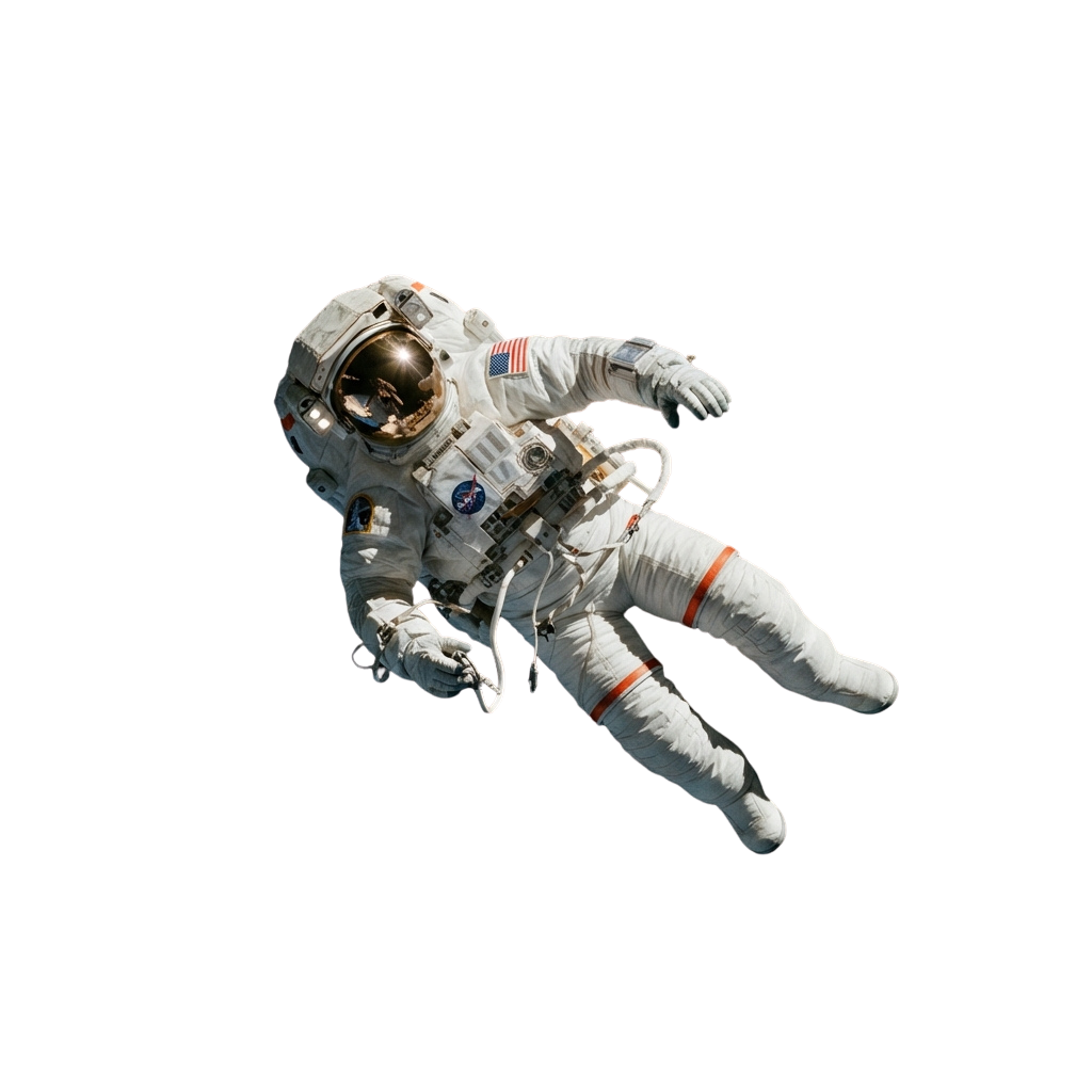 An astronaut in a white spacesuit with an American flag patch floating in space against a black background