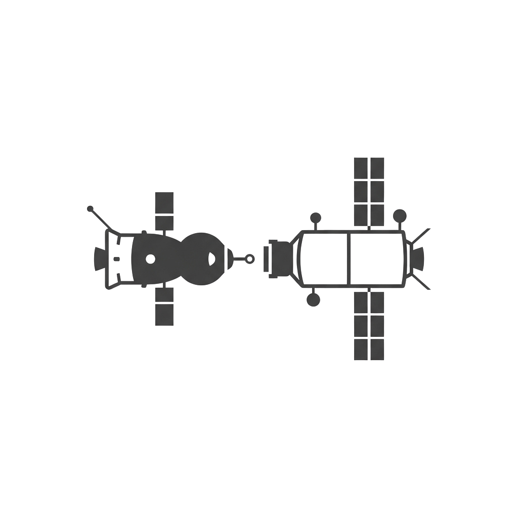 Two spacecraft docked together in outer space against a black background