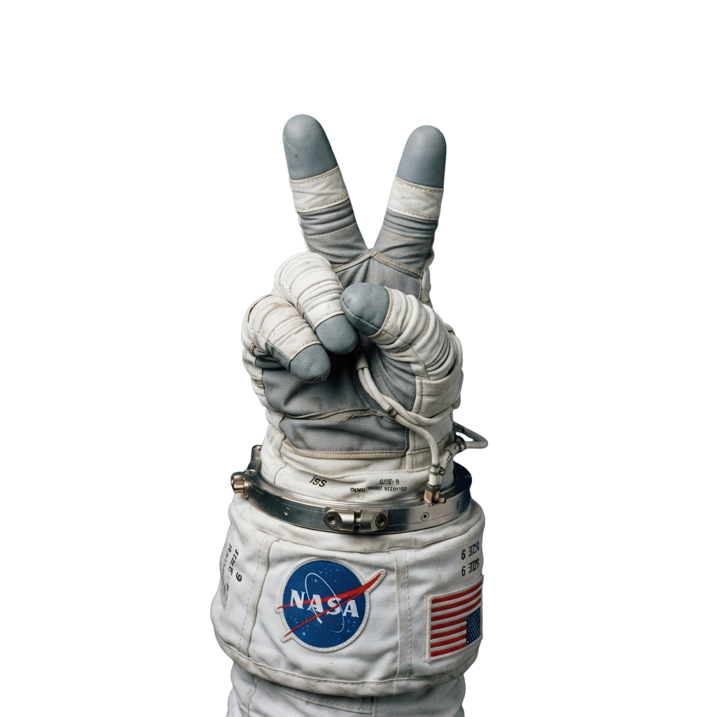 Astronaut in white NASA space suit making peace sign with gloved hands