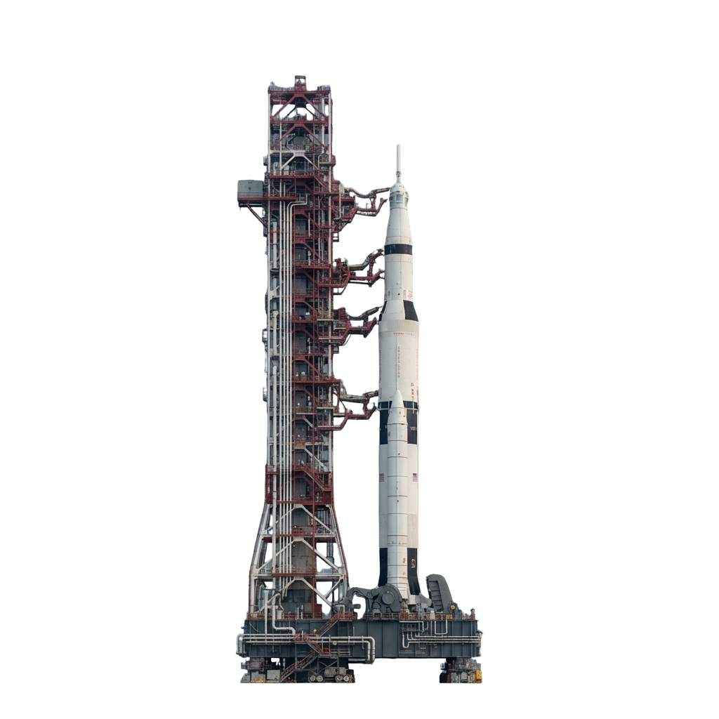 Saturn V rocket on launch pad with attached metal service structure and scaffolding