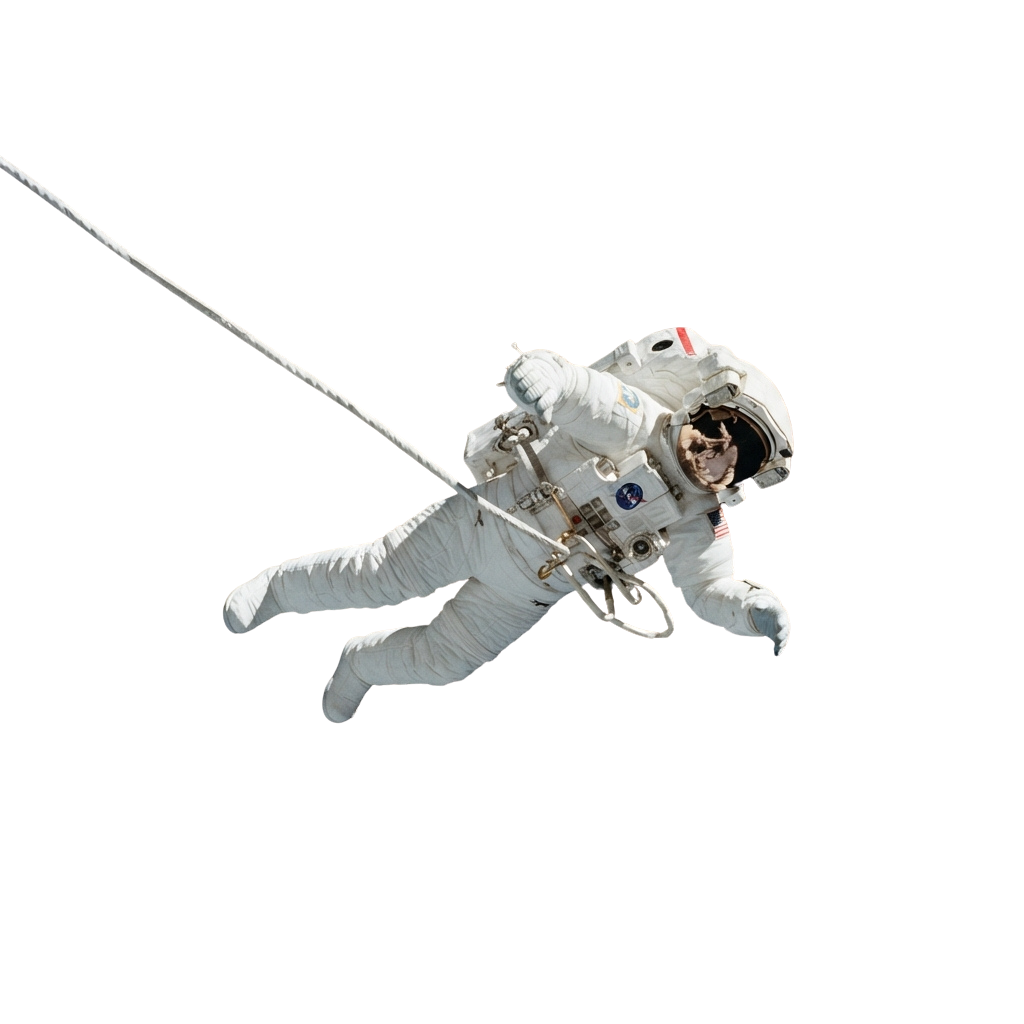 An astronaut in a white spacesuit tethered by a line, floating in the vacuum of space.
