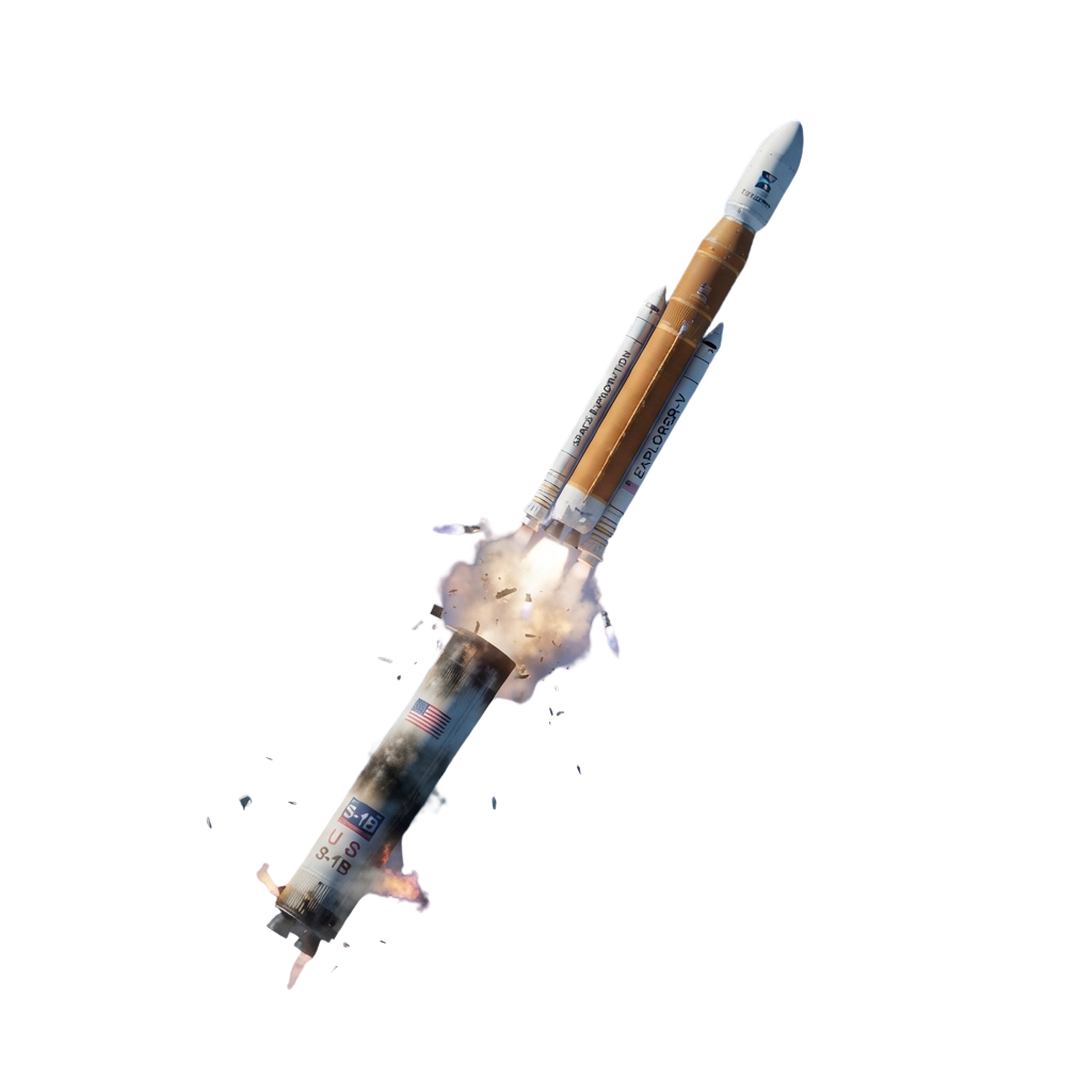 A rocket ascending into space with visible booster separation and flame exhaust.
