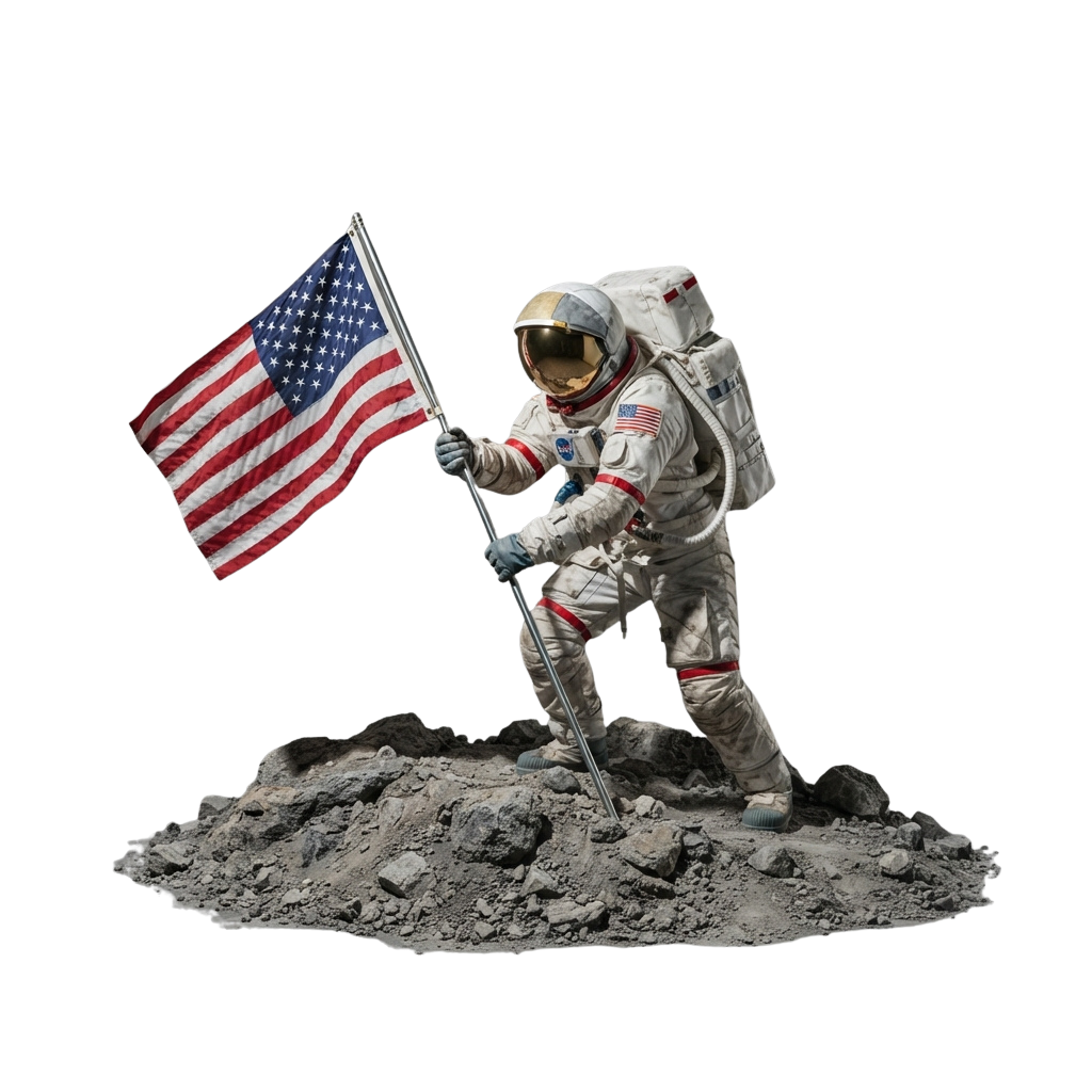 An astronaut in a spacesuit standing on rocky terrain, holding an American flag upright with one hand and a pole with the other.