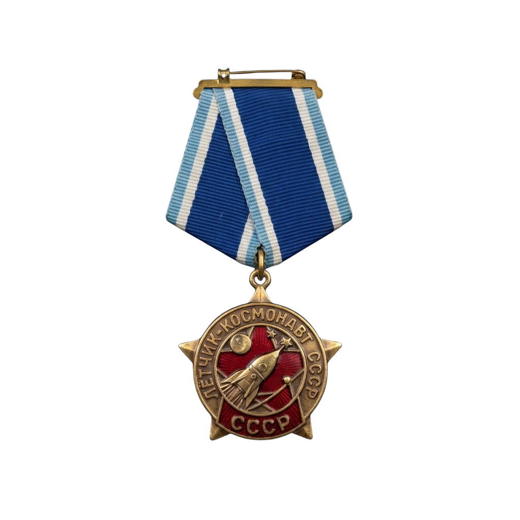 A gold medal with a red star and rocket emblem on a blue and white striped ribbon