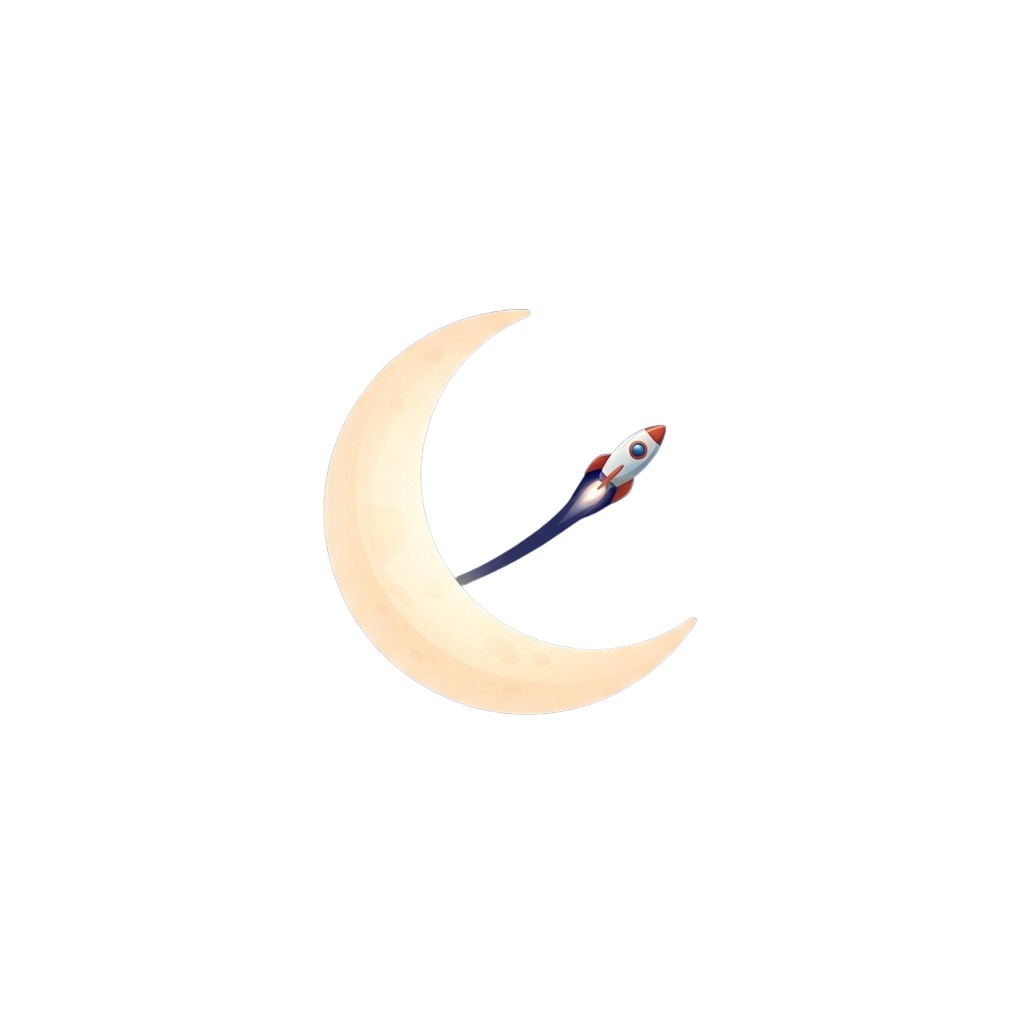 A crescent moon with a stylized rocket launching near its curve against a black background