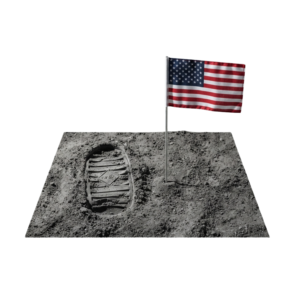 A footprint in lunar soil with an American flag planted nearby on the moon surface