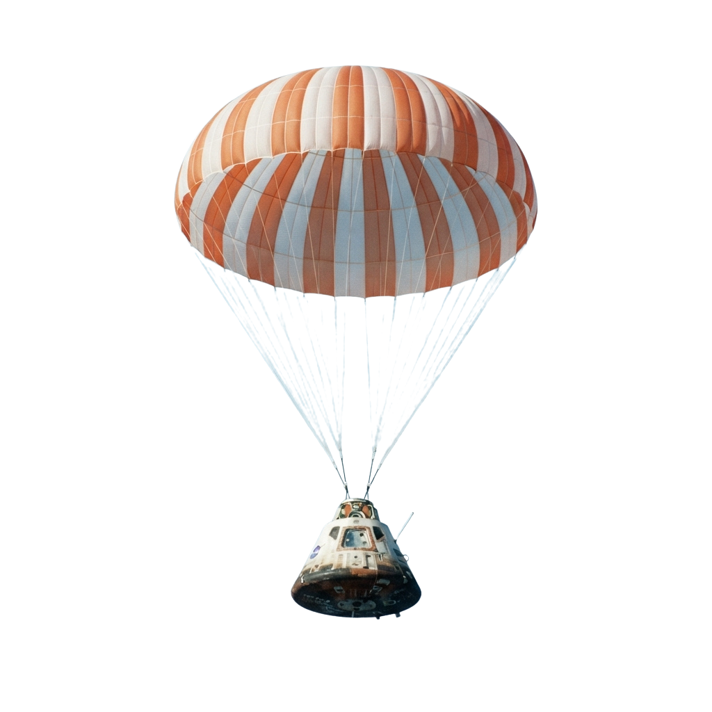 Space capsule attached to a large orange and white parachute descending against a dark background