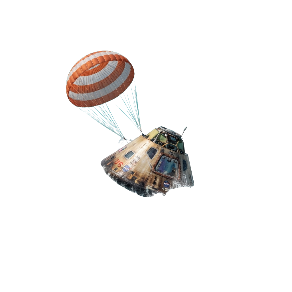 Apollo spacecraft descending using orange and white parachutes against a black space background